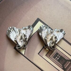 Signed ART Vintage Textured Wing Clip Earrings Mid Century Silver Tone